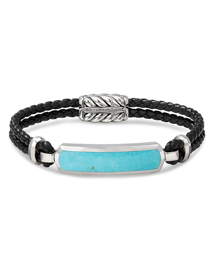 David Yurman Sterling Silver & Leather Exotic Stone Bar Station Bracelet With American Turquoise In Turquoise/black