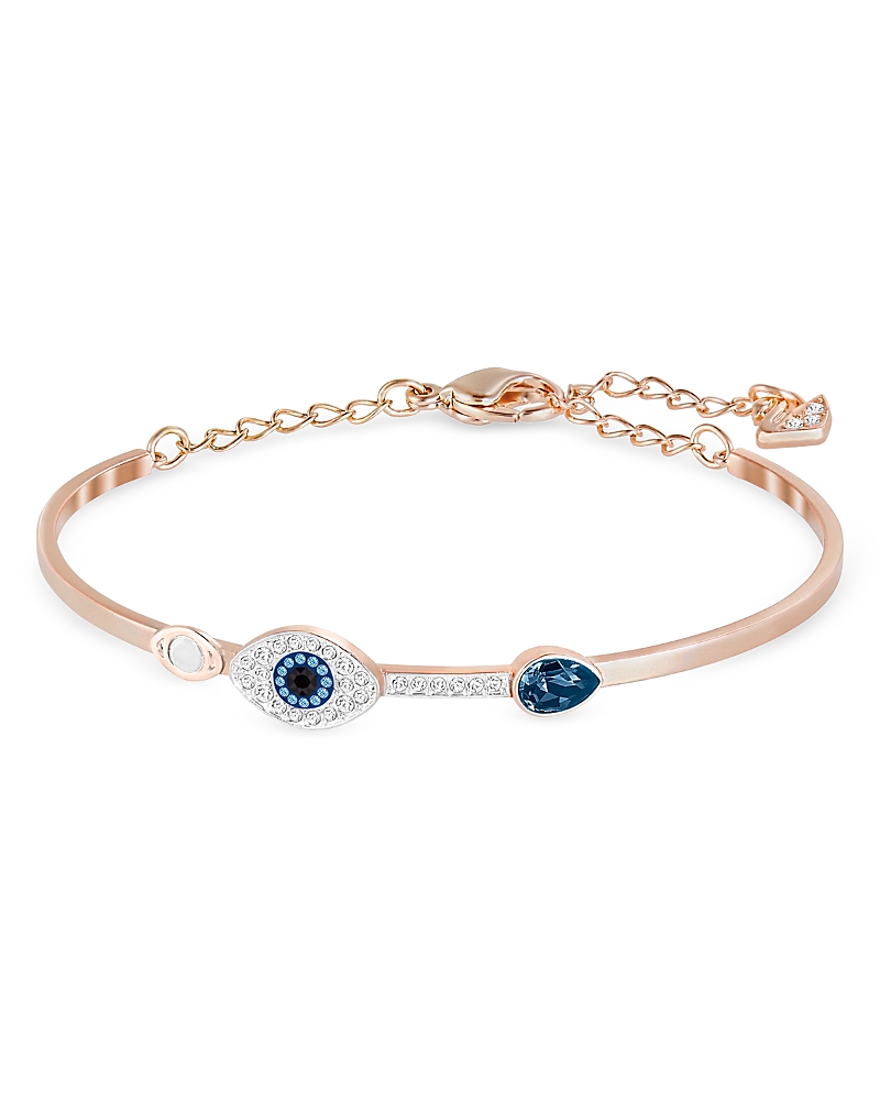 Swarovski Rose Gold-tone Clear And Blue Crystal Evil Eye Adjustable Bangle Bracelet In Blue