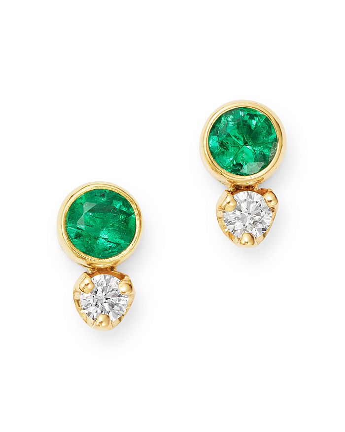 Zoë Chicco 14k Yellow Gold Emerald & Diamond Stud Earrings In Green/gold