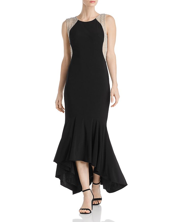 Avery G Fluted Caviar-bead Gown In Black/nude/silver