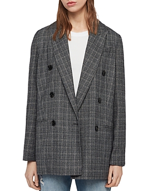 Allsaints Astrid Fay Plaid Double-breasted Blazer In Charcoal Gray ...