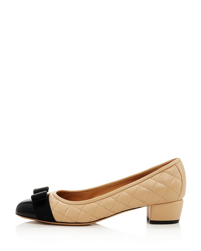 Shop Ferragamo Women's Vara Quilted Low-heel Pumps In Cream/nero