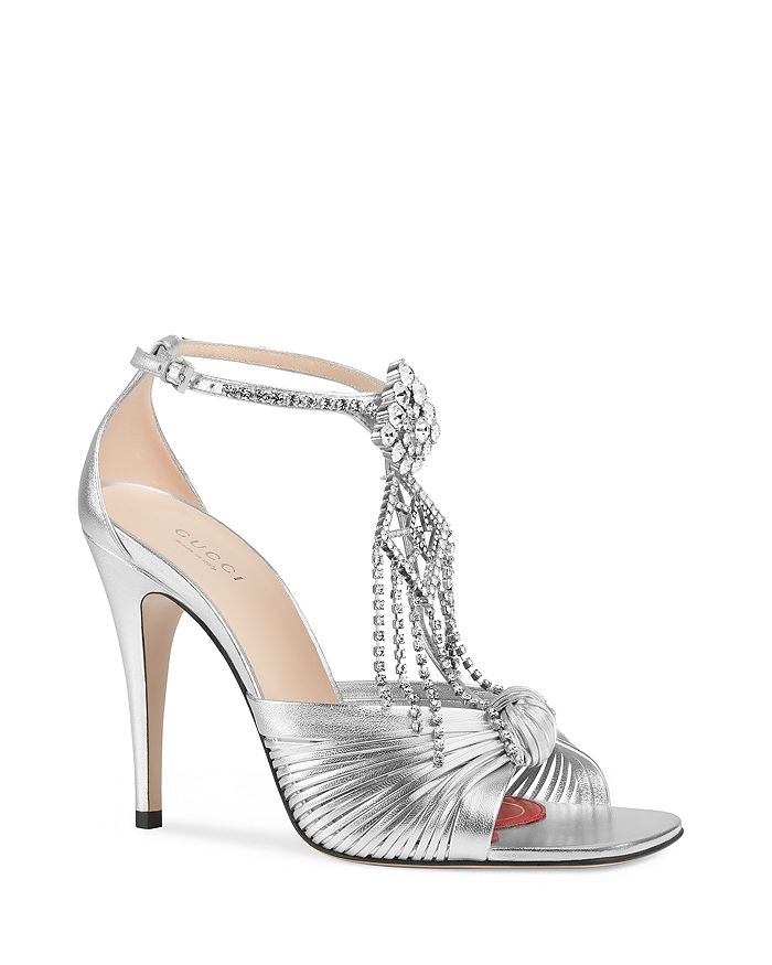 Gucci Women s Crawford Metallic Leather Sandals with Crystal Chain