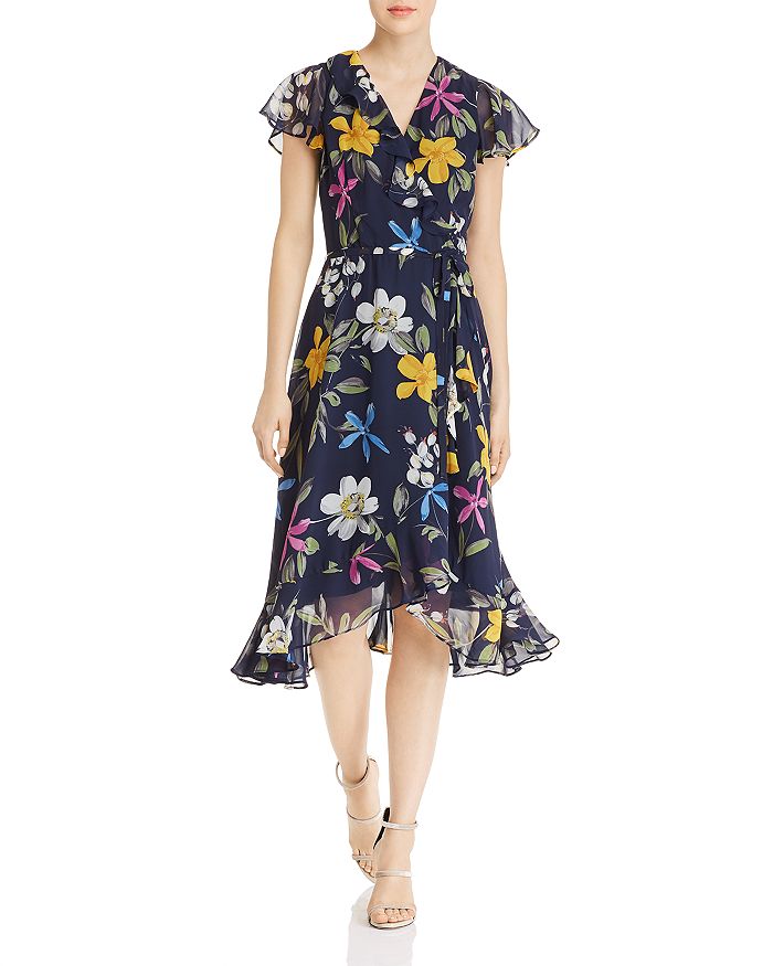 Adrianna Papell Floral-print Chiffon Midi Dress In Navy Multi