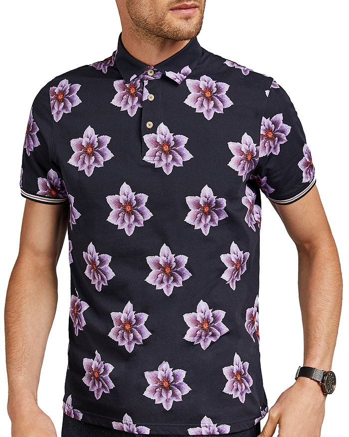 Ted Baker Nelso Floral Print Regular Fit Polo Shirt In Navy
