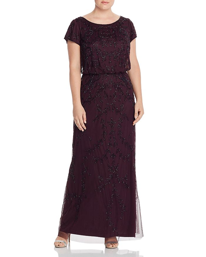Adrianna Papell Plus Short-sleeve Beaded Gown In Night Plum