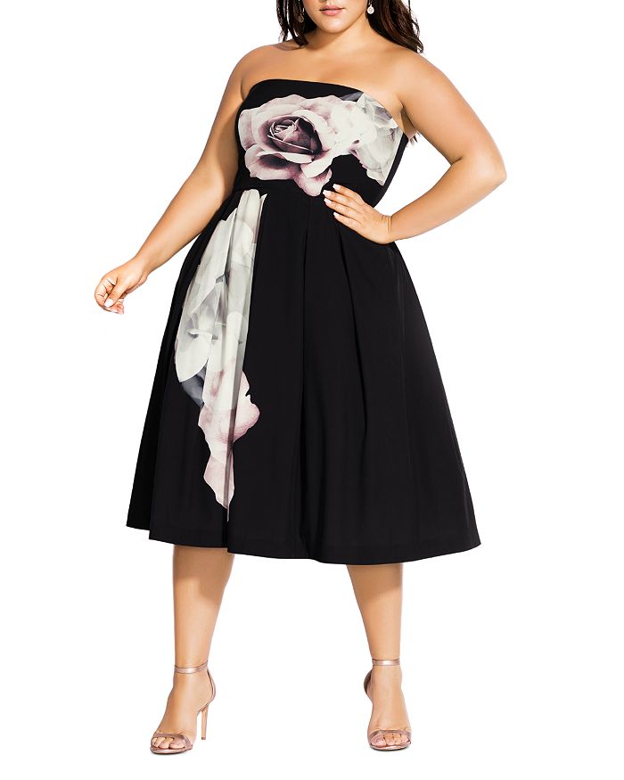 City Chic Plus Austin Floral Graphic Convertible Strapless Dress