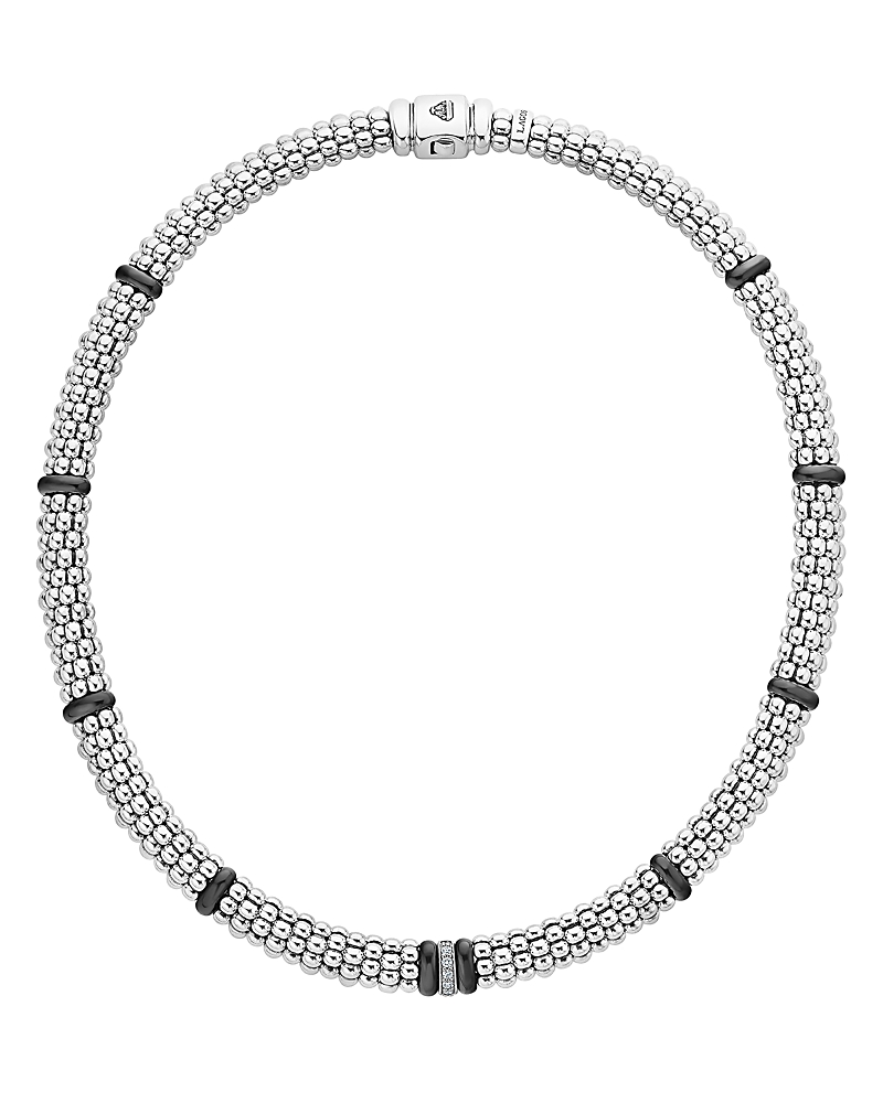 Lagos Sterling Silver Black Caviar Diamond & Ceramic Station Necklace, 16 In Black/silver