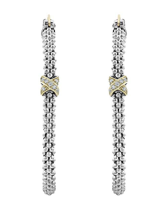Shop Lagos Sterling Silver & 18k Yellow Gold Embrace Diamond Hoop Earrings In Silver/multi