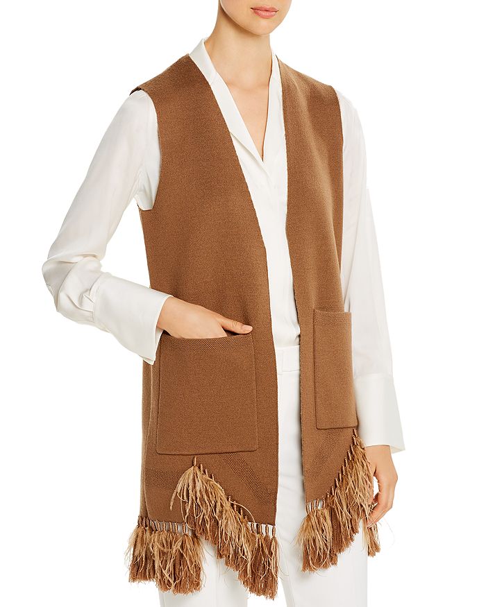 Kobi Halperin Sean Fringe Trim Merino Wool Sweater Vest In Camel Modesens
