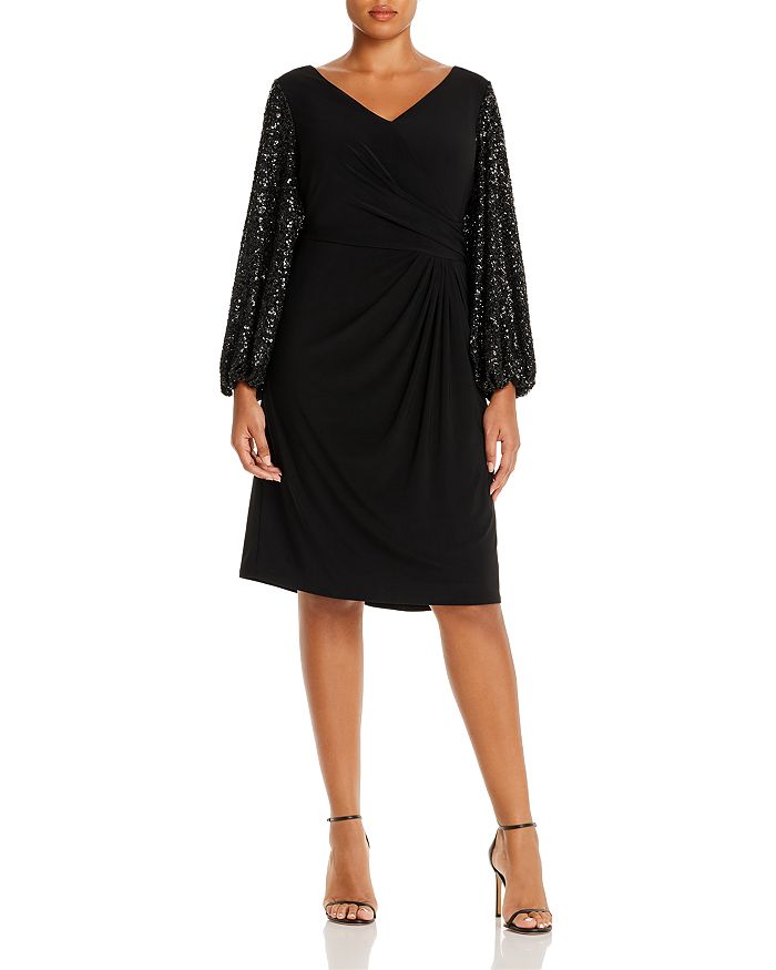 Adrianna Papell Plus Draped Sequin-sleeve Dress In Black