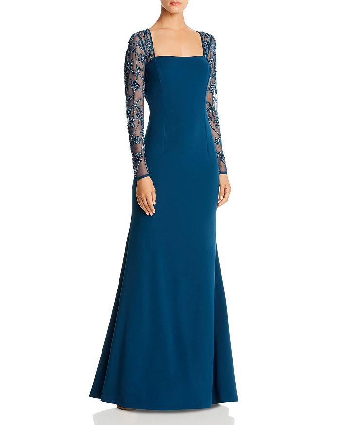 Adrianna Papell Beaded Mermaid Gown In Midnight Teal