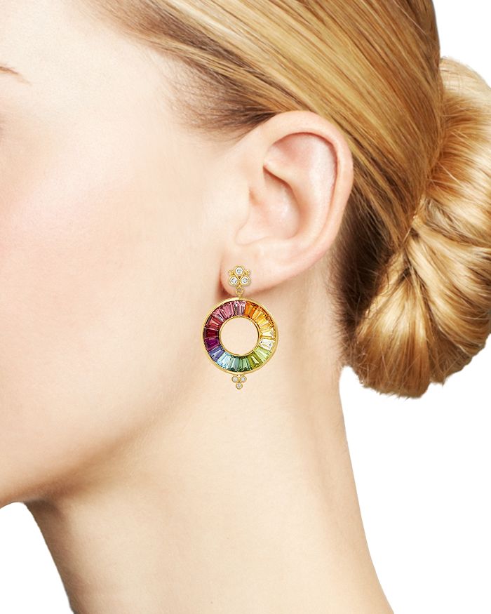 Shop Temple St Clair 18k Yellow Gold High Color Wheel Halo Drop Earrings With Rainbow Gemstones & Diamonds In Multi/gold
