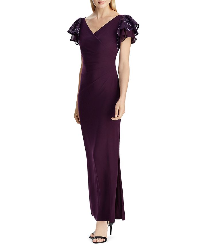 Ralph Lauren Flutter-sleeve Jersey Gown In Purple