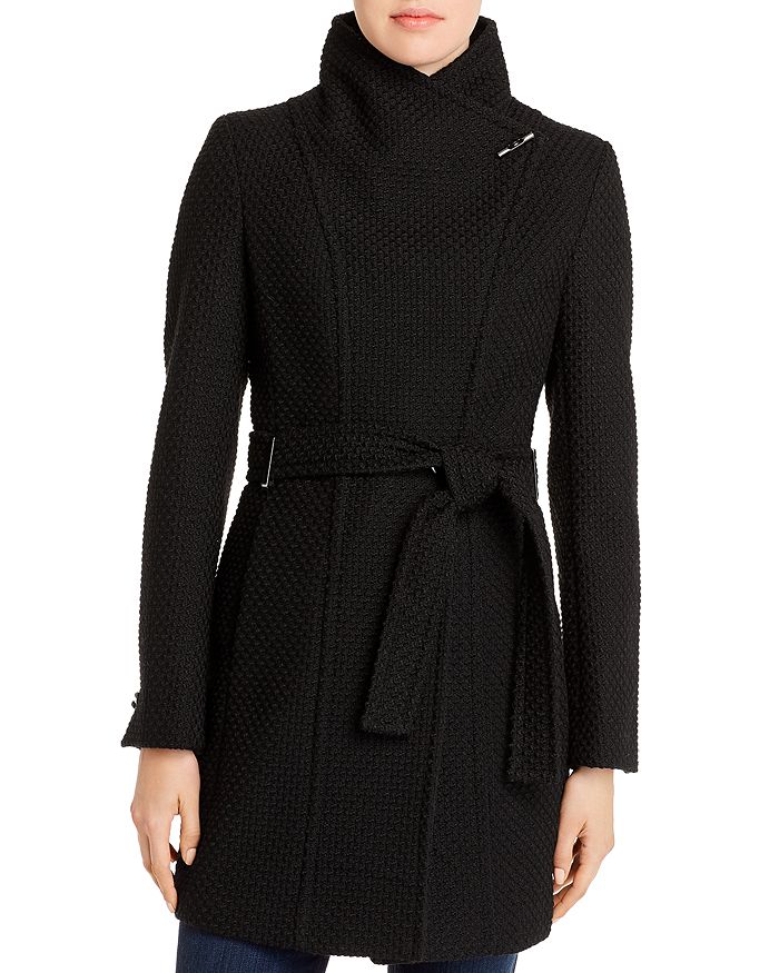 Calvin Klein Basket-weave Faux Wrap Coat In Black