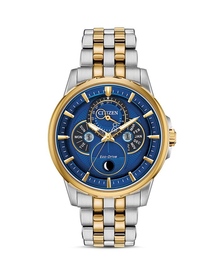 Shop Citizen Calendrier Moonphase Two-tone Link Bracelet Watch, 44mm In Blue/two-tone