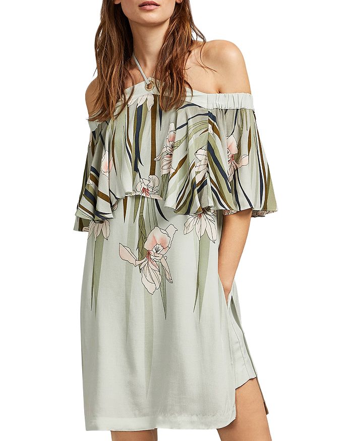 Ted Baker Piipper Willow Cold-shoulder Overlay Romper In Light Green