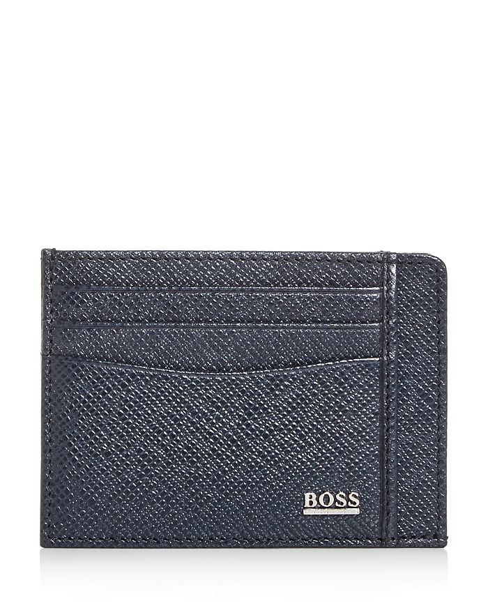 Hugo Boss Signature Leather Card Case In Navy
