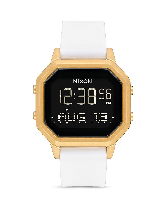 Nixon Digital Siren White Silicone Strap Watch 36mm In Gold