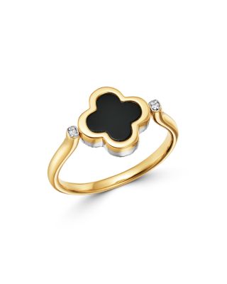 Black Onyx & Diamond Reversible Clover Ring in 14K Yellow Gold 