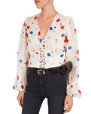 The Kooples Daydream Flowers Lace-Up Floral Silk Top | Bloomingdale's