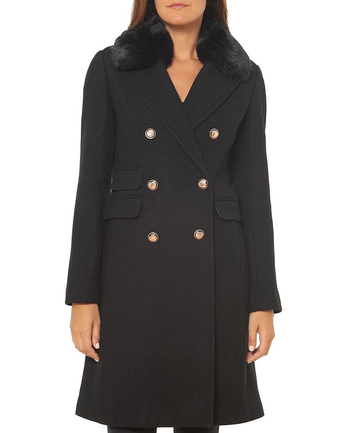 Vince Camuto Faux Fur Trim Double-breasted Coat In Black
