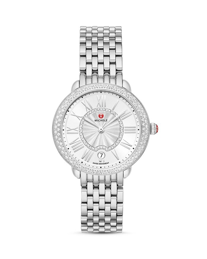 Michele Serein Mid Stainless Steel Diamond Watch, 36mm In White/silver
