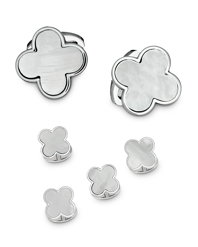 Jan Leslie Men's Clover Mother-of-pearl 6-piece Cufflinks & Tuxedo Stud Set In Silver