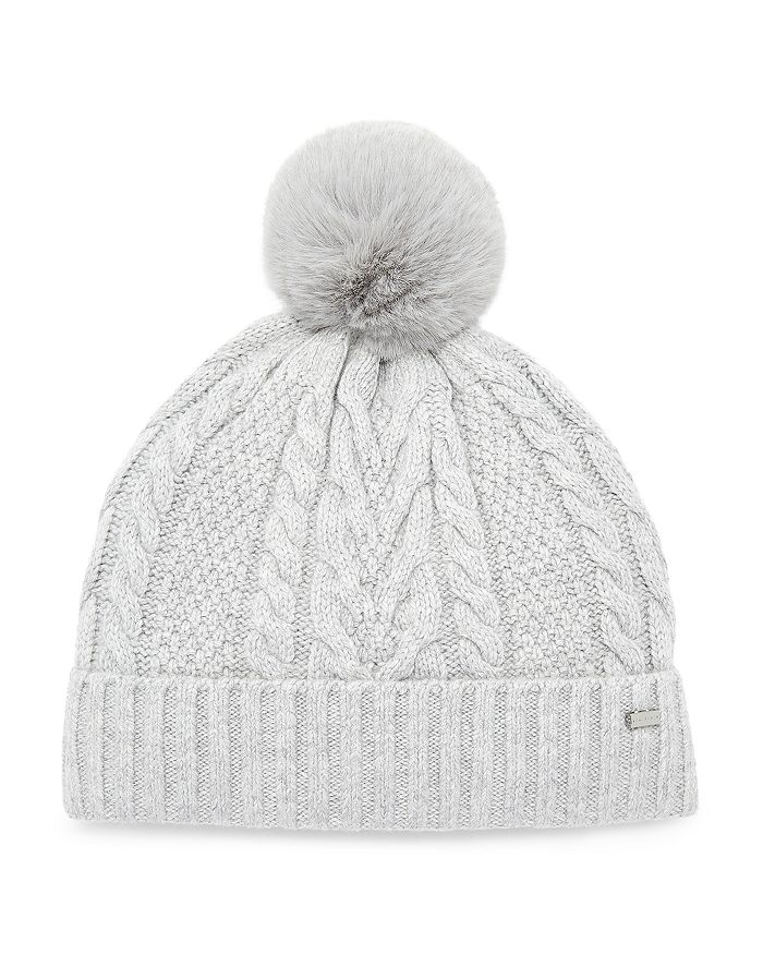 Ted Baker Ynuta Faux Fur Pom-pom Cable-knit Beanie In Light Gray | ModeSens