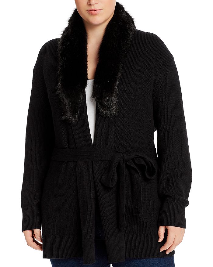 Michael Michael Kors Plus Faux-fur Collar Wrap Cardigan In Black
