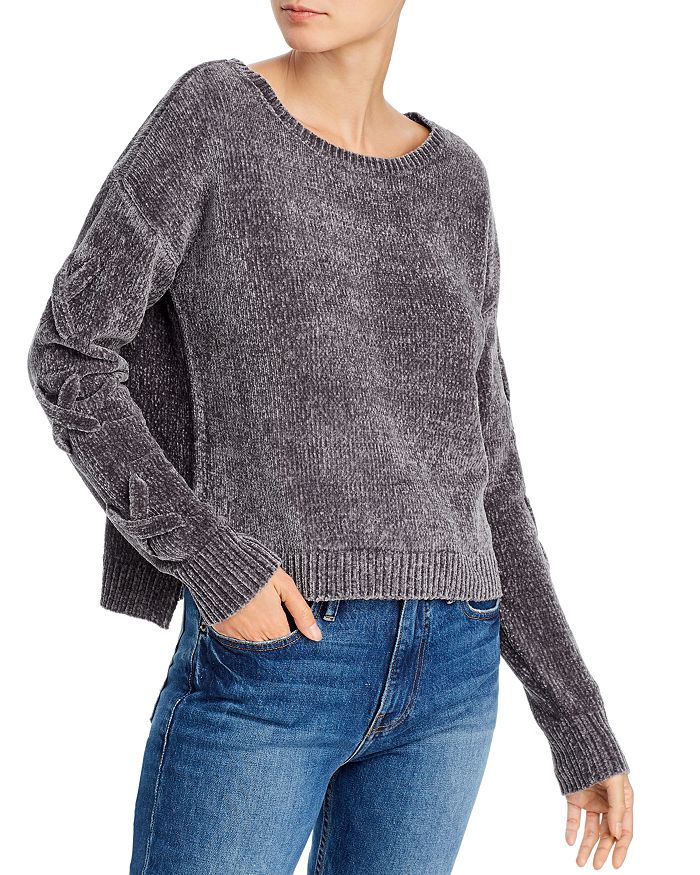 Aqua Lace-up Sleeve Chenille Sweater - 100% Exclusive In Gray
