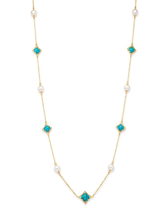 Bloomingdale's - Freshwater Cultured Pearl & Turquoise Clover Station Necklace in 14K Yellow Gold, 36" - 100% Exclusive