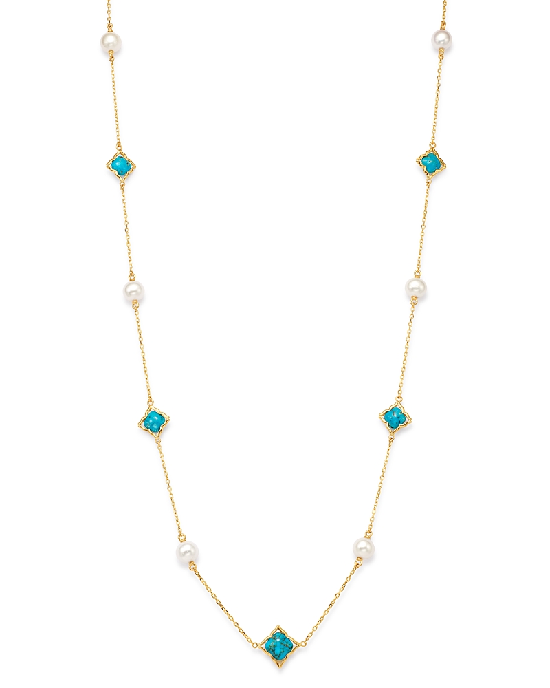 Bloomingdale's Fine Collection Cultured Freshwater Pearl & Turquoise Clover Station Necklace in 14K Yellow Gold, 36