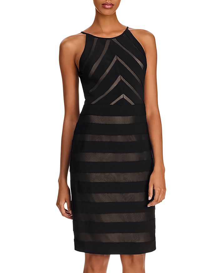 Adrianna Papell Banded Jersey And Mesh Sheath Dress In Black/pink