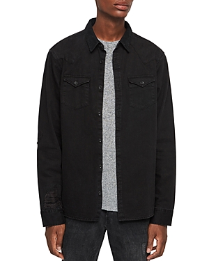 ALLSAINTS BISO DISTRESSED DENIM REGULAR FIT BUTTON-DOWN SHIRT,MR014R