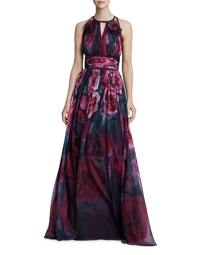 MARCHESA NOTTE Sleeveless Floral Print Chiffon Gown | Bloomingdale's