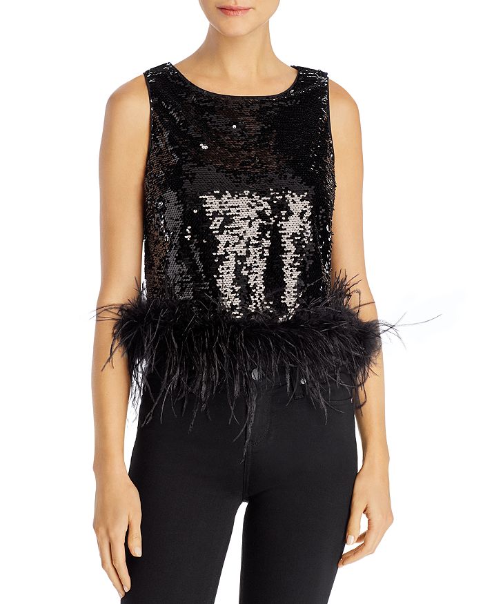 Lucy Paris Faux-feather Hem Sequined Top - 100% Exclusive In Black