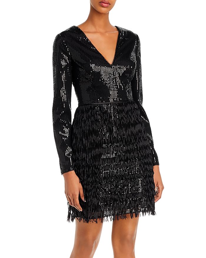 Aidan Mattox Aidan By  Sequined & Fringed Cocktail Dress In Black