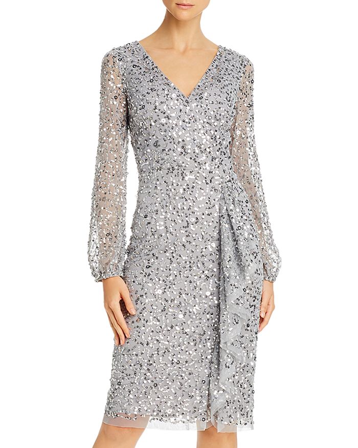 Adrianna Papell Sequined Cocktail Dress In Silver Mist
