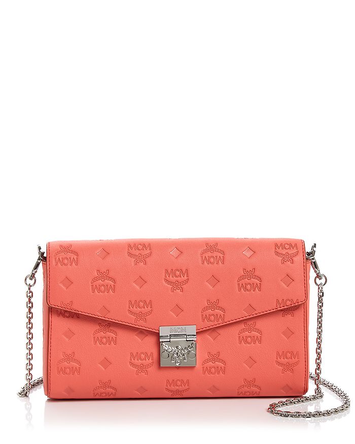 Mcm Millie Logo-embossed Leather Medium Crossbody In Hot Coral/silver