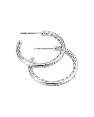 Sterling Silver Small Hoop Earrings with Pav&eacute; Diamonds