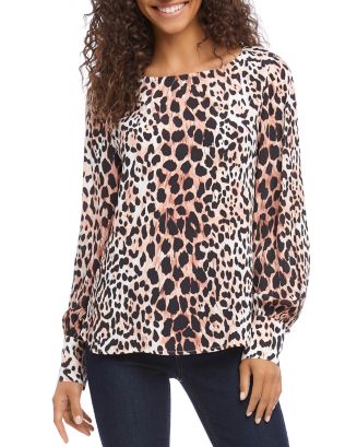 KAREN KANE Womens Beige Animal Print V Neck Top