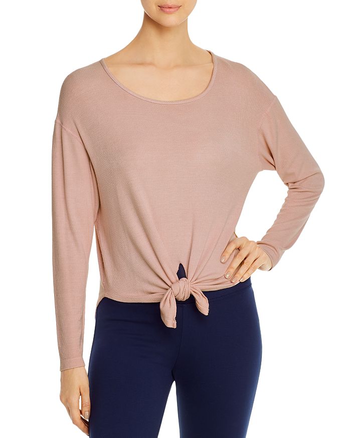 Three Dots Ribbed Tie Detail Long-sleeve Tee In Ash Rose Mineral