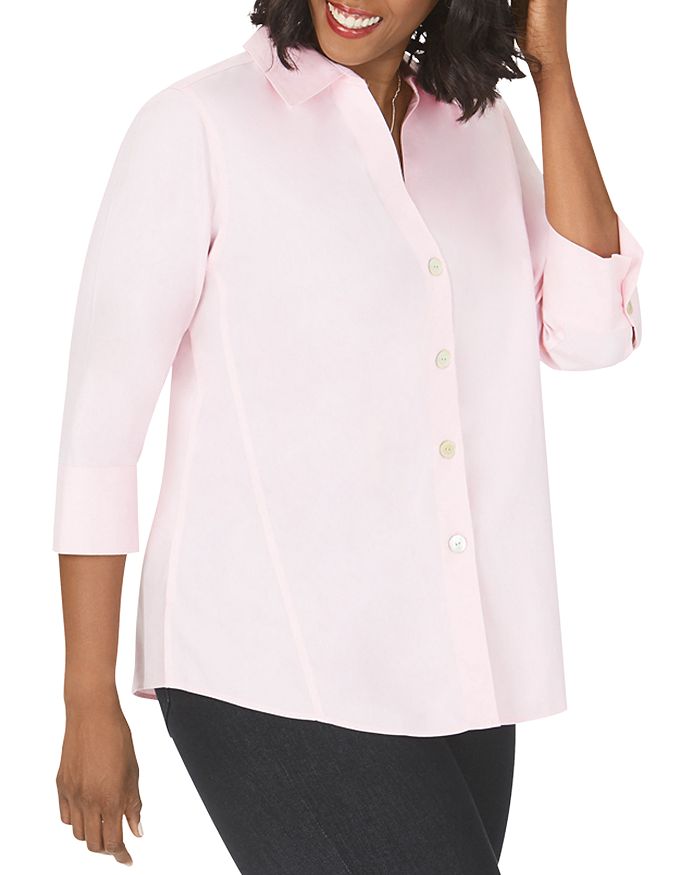 Foxcroft Plus Paityn Three-quarter Sleeve Poplin Shirt In Chambray Pink