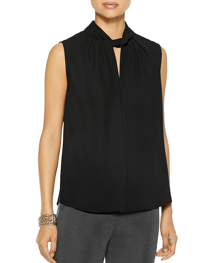 Misook Twist Neck Crepe De Chine Tank In Black