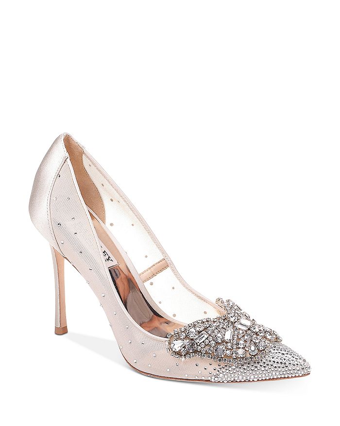 Badgley Mischka Quintana Crystal Embellished Pointed Toe Pump In Ivory Satin/ Mesh | ModeSens