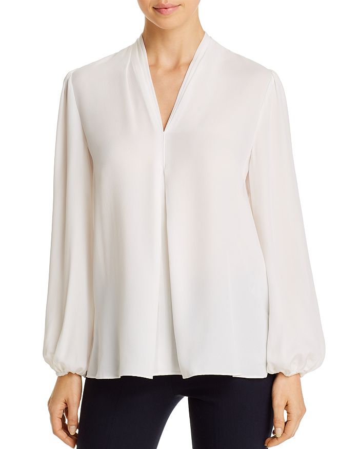 Kobi Halperin Nellie Pleated V-neck Long-sleeve Blouse In Ivory