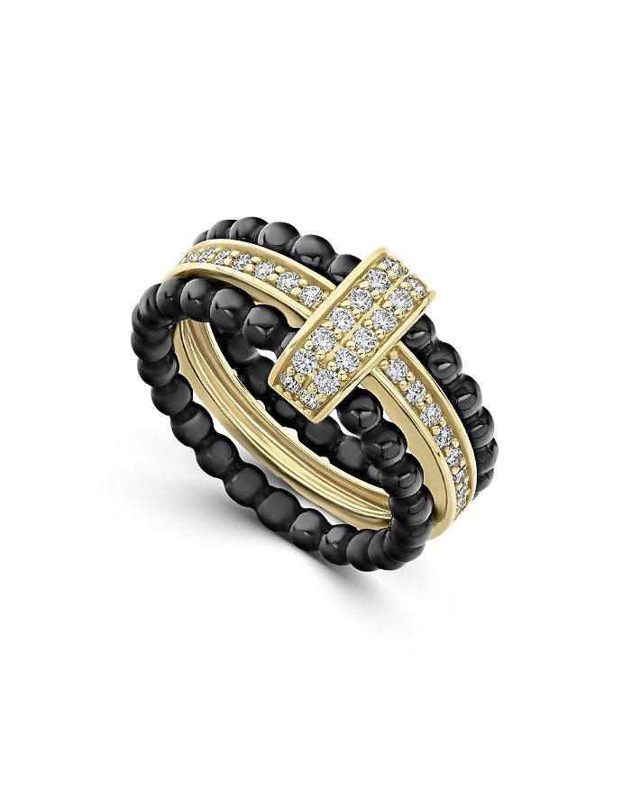 LAGOS - Meridian 18K Yellow Gold & Ceramic Caviar Diamond Stack Ring