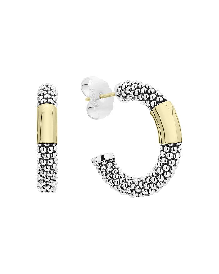 Shop Lagos 18k Yellow Gold & Sterling Silver Caviar High Bar Hoop Earrings In Silver/gold
