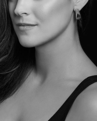 18K Yellow Gold &amp; Sterling Silver High Bar Caviar Huggie Earrings